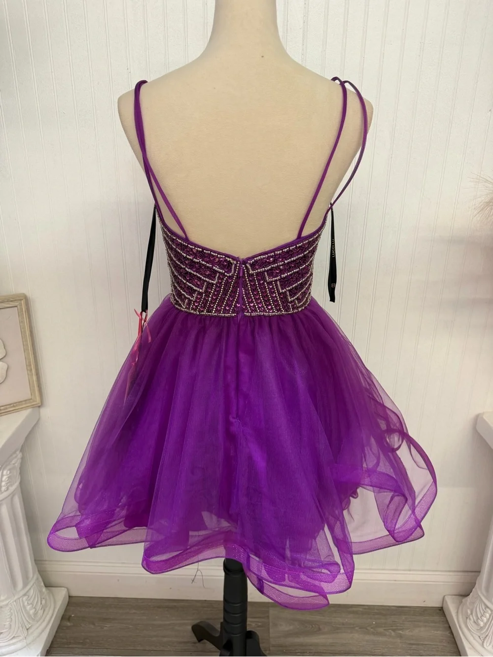 Beaded V-Neck Purple Tulle Mini Dress